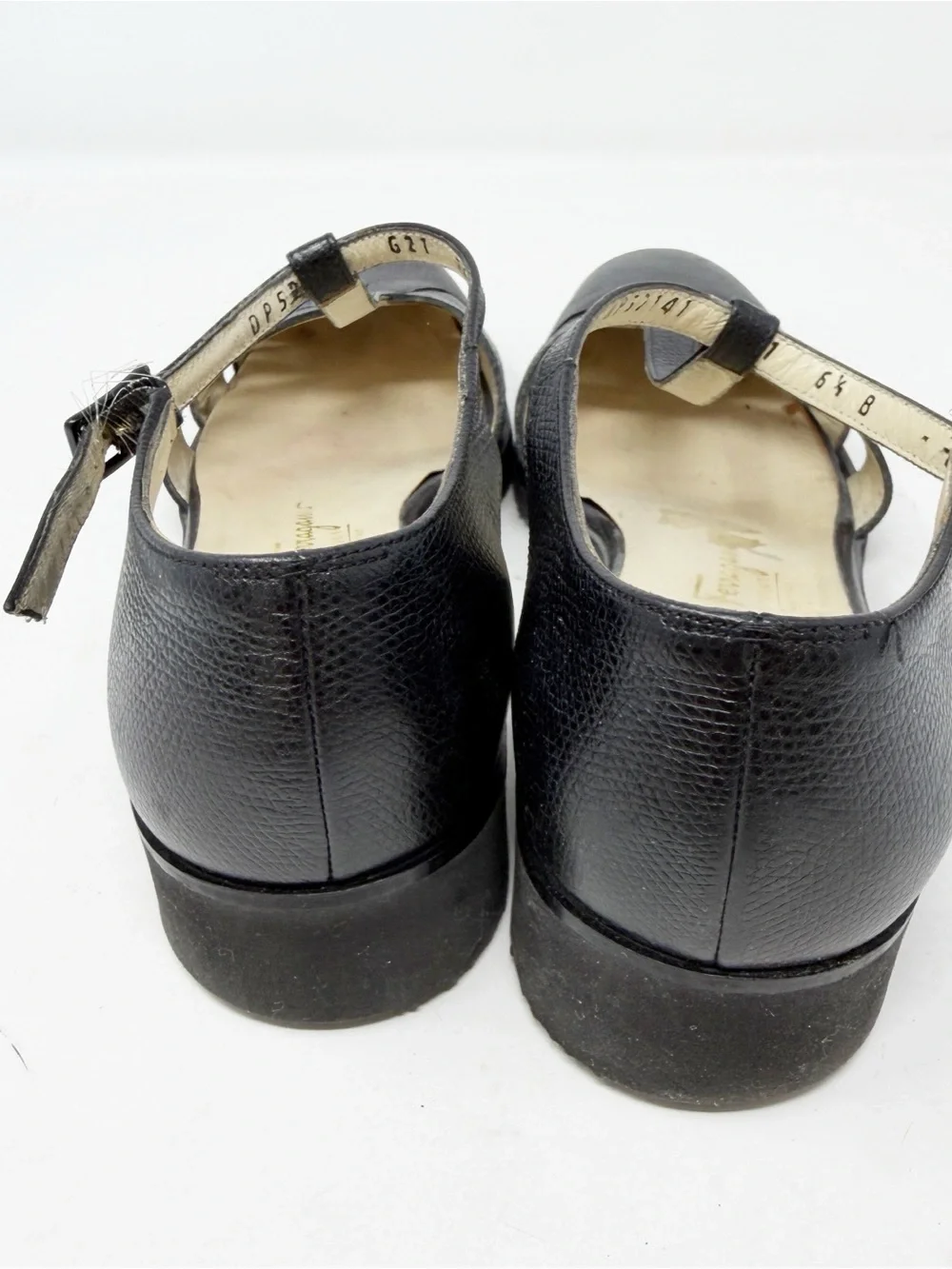 Salvatore Ferragamo T-Strap Wedge Sandals Black Pebbled Leather 6.5 B Designer